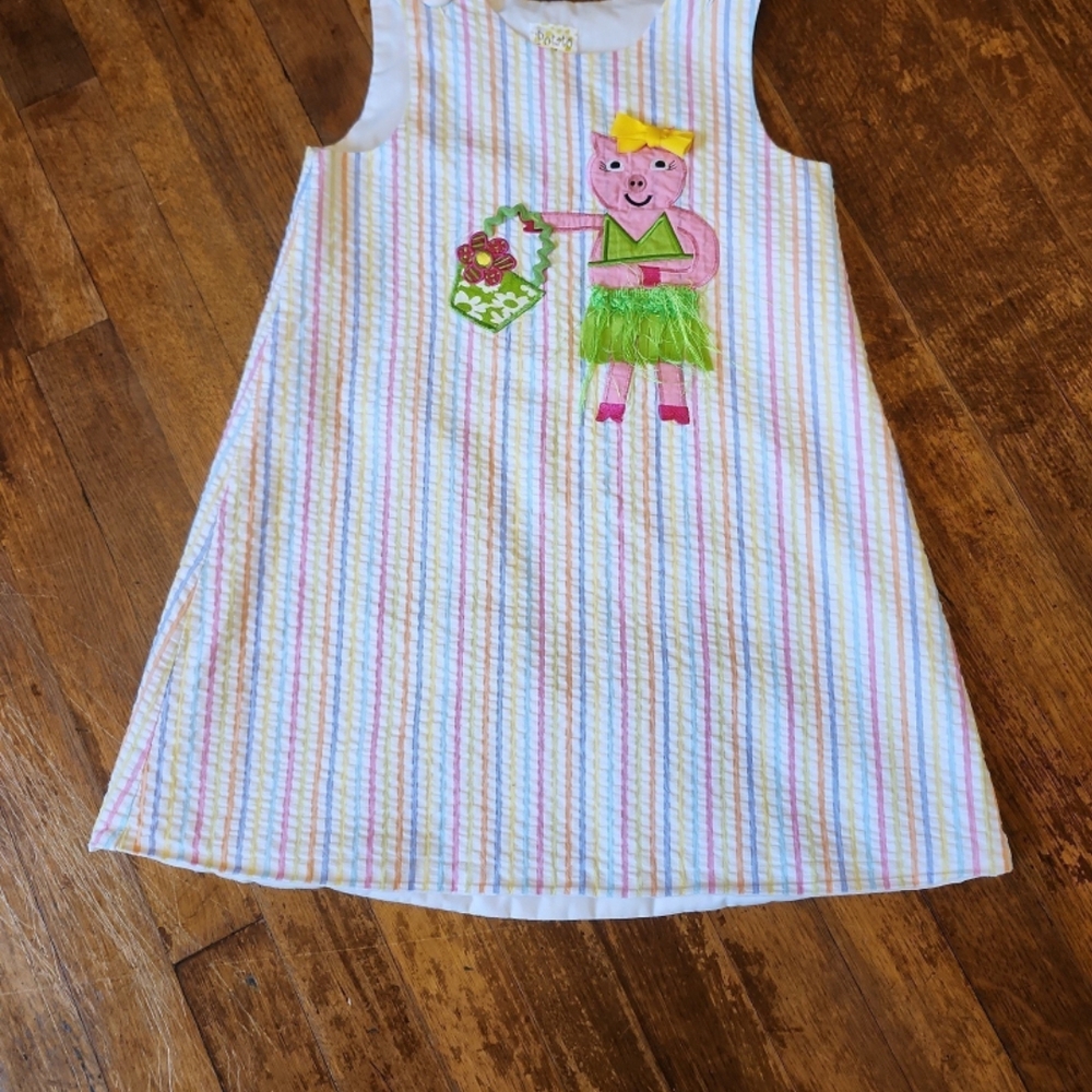 Colorful Striped Dress with Pig Appliqué